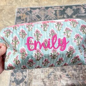 NEW Floral Color Block Quilted Pouch with Pink Embroidery